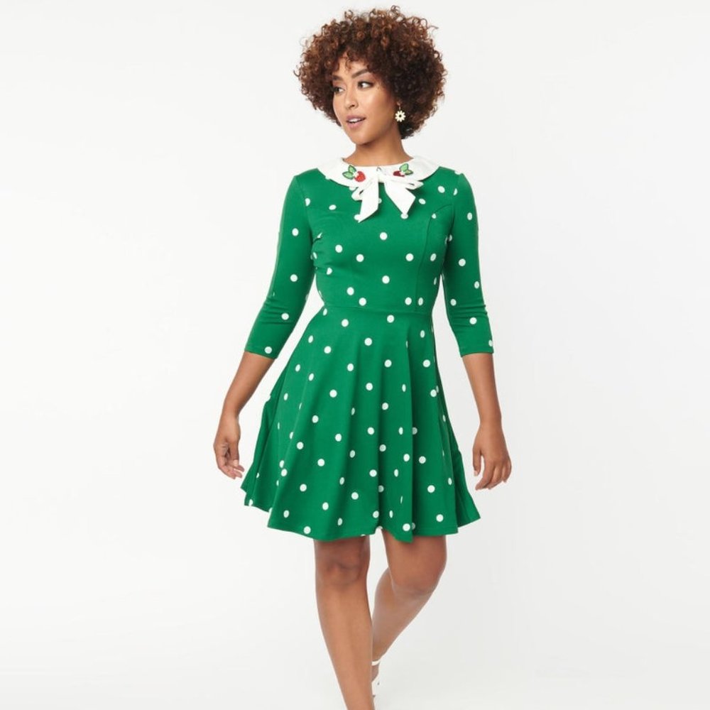 Green & White Polka Dot Collared Pinup Wednesday Flare Dress by Unique Vintage